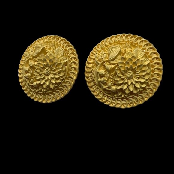 Vintage Celluloid Plastic Clip Earrings Yellow Floral Bouquet Button - Picture 9 of 9